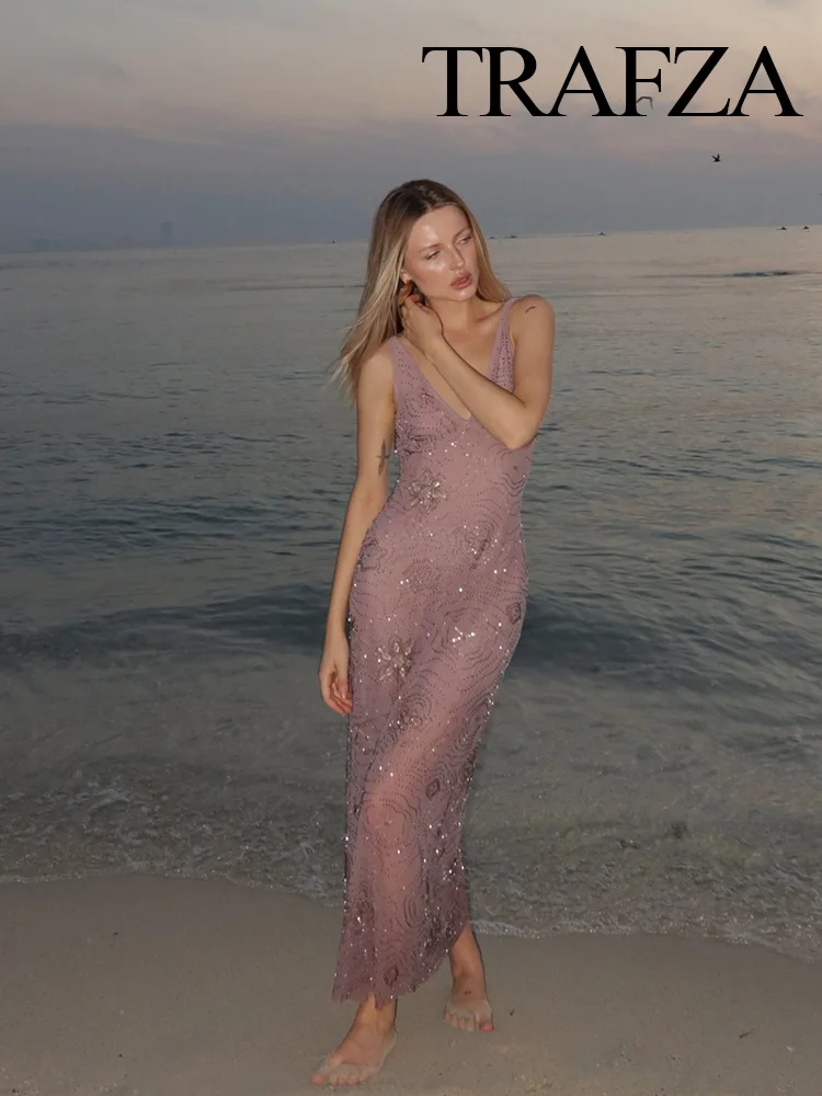 

TRAFZA Women Elegant Sexy V-Neck Sleeveless Backless Slim Midi Dress Woman Summer Translucent Hem Beaded Decoration Party Dress