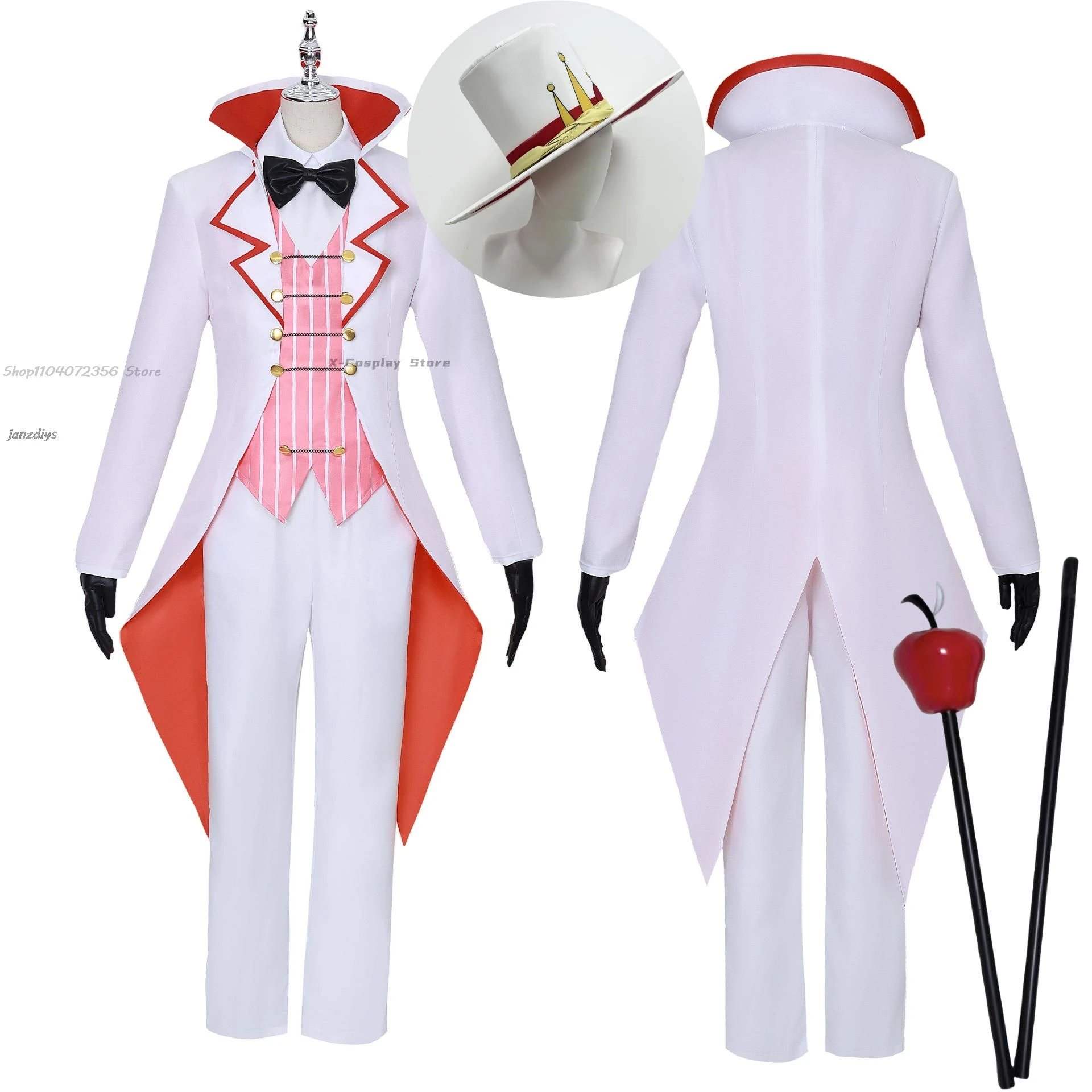 Hazbin Lucifer Morningstar Cosplay Costume Wig Hat Suit Halloween Anime Cosplay Party Demon White Outfit Prop Apple Daddy Cane