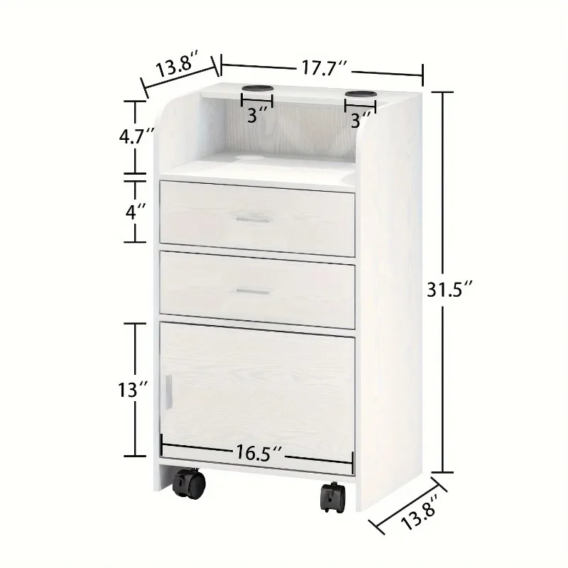 Salon Station On Wheels, Beauty Salon Station For Hair Stylist, Barber Stations Storage Cabinet With 2 Drawers White