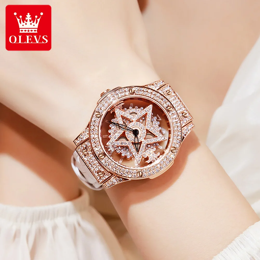 OLEVS 9938 Rotating Dial Hollow Skeleton Women Watches Luxury Waterproof Diamond Ladies Wristwatch Trend Quartz Watch for Women