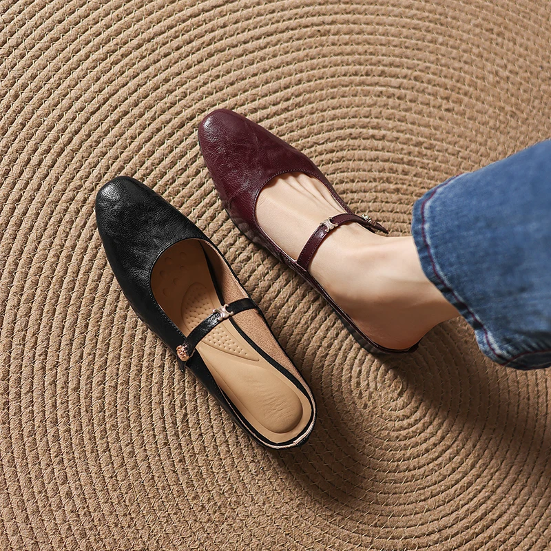 2026 new spring summer women mules natural leather plus size 22-26cm  sheepskin+pigskin+cowhide buckle low heels women sandals