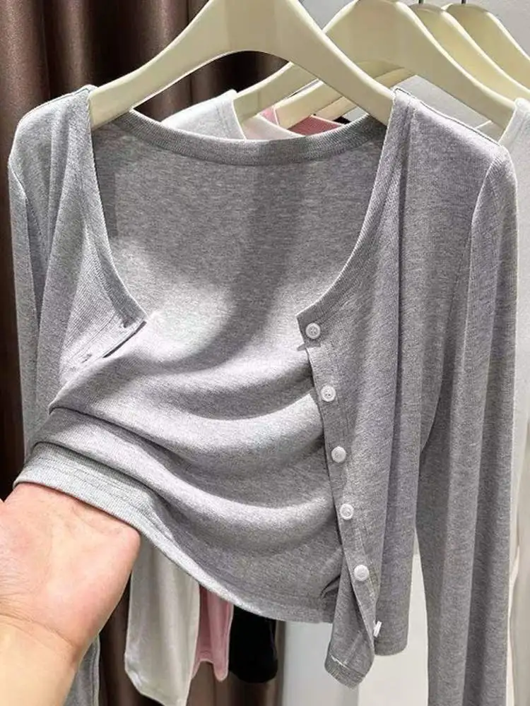 

ay Knitted Cardigan Women's Spring Summer Outerwear Air Conditioned Room Suitable Long Sve Button up ort Length ...