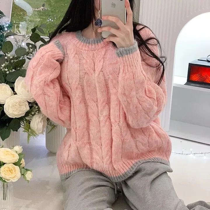 

Women's Chic Autumn Winter Knitwear Loose Thiened Retro Twisted Soft Slimming Top round Ne Long Sve Casual Sle