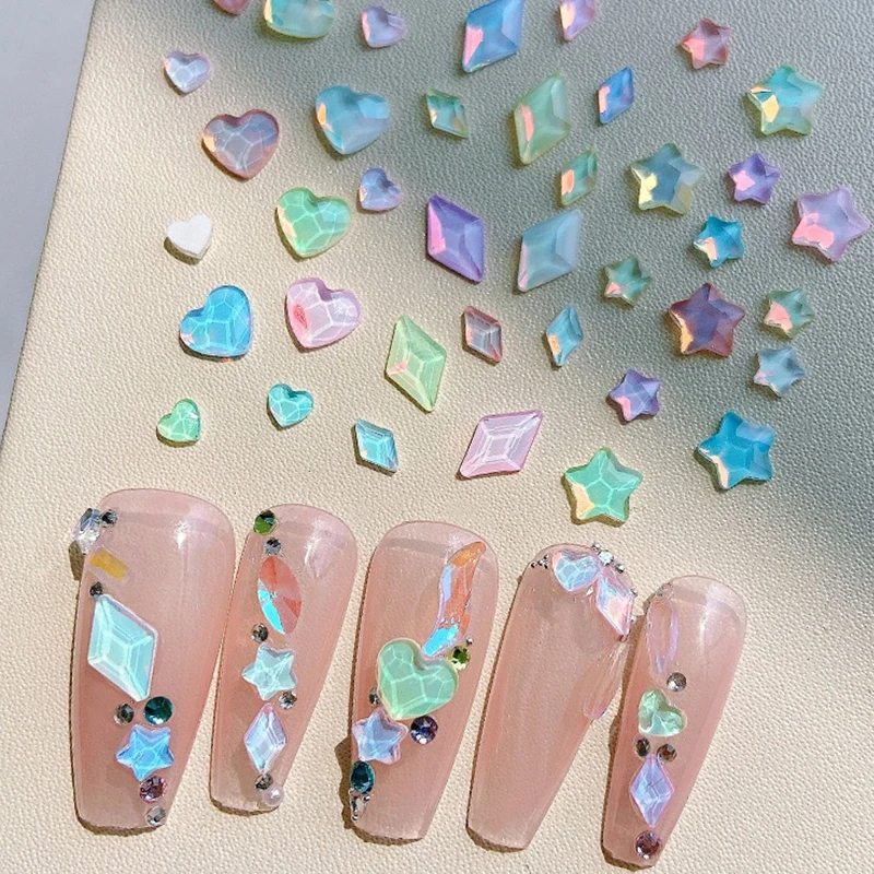 50pcs/Bag Flat back Aurora Mocha 3D Nail Art Decorations Crystal Rhinestone Candy Colored  Stars Heart Shaped Ornaments Manicure