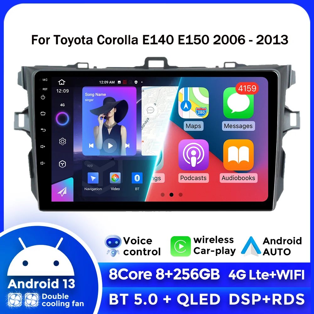

2Din Car Radio Wireless CarPlay Android 13 Auto Multimedia Player For Toyota Corolla E140 E150 TOYOTA 2006 - 2013 Support VCR