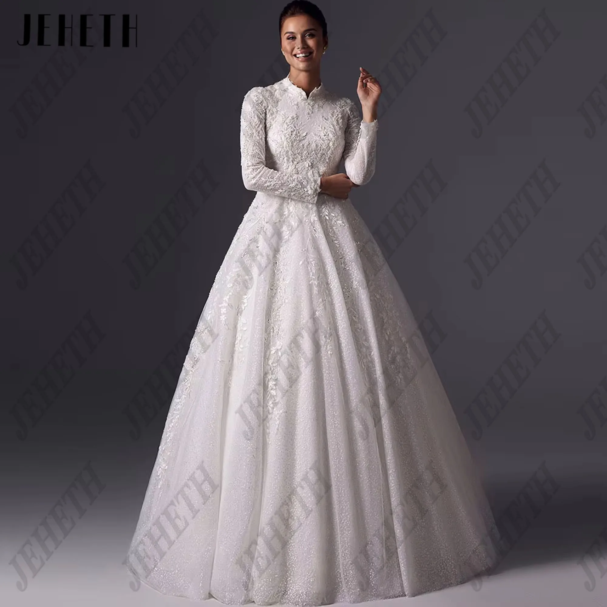 JEHETH イスラム教徒 A ラインのウェディングドレスサテンのウェディングドレスハイネックしわステッカーフルセットのウェディングドレスシンプルな 2025 カスタマイズ JEHETHムスリムA字型ウェディングドレスサテンウェディングドレスハイネックしわシール全セットウェディングドレスシンプル2025カスタム