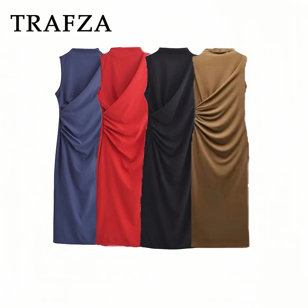 TRAFZA Chic Solid Blue Luxurious Fashion 2025 Female Party Dress Asymmetric Slim Pleated Sheath Long Dress Sexy Club Vestido