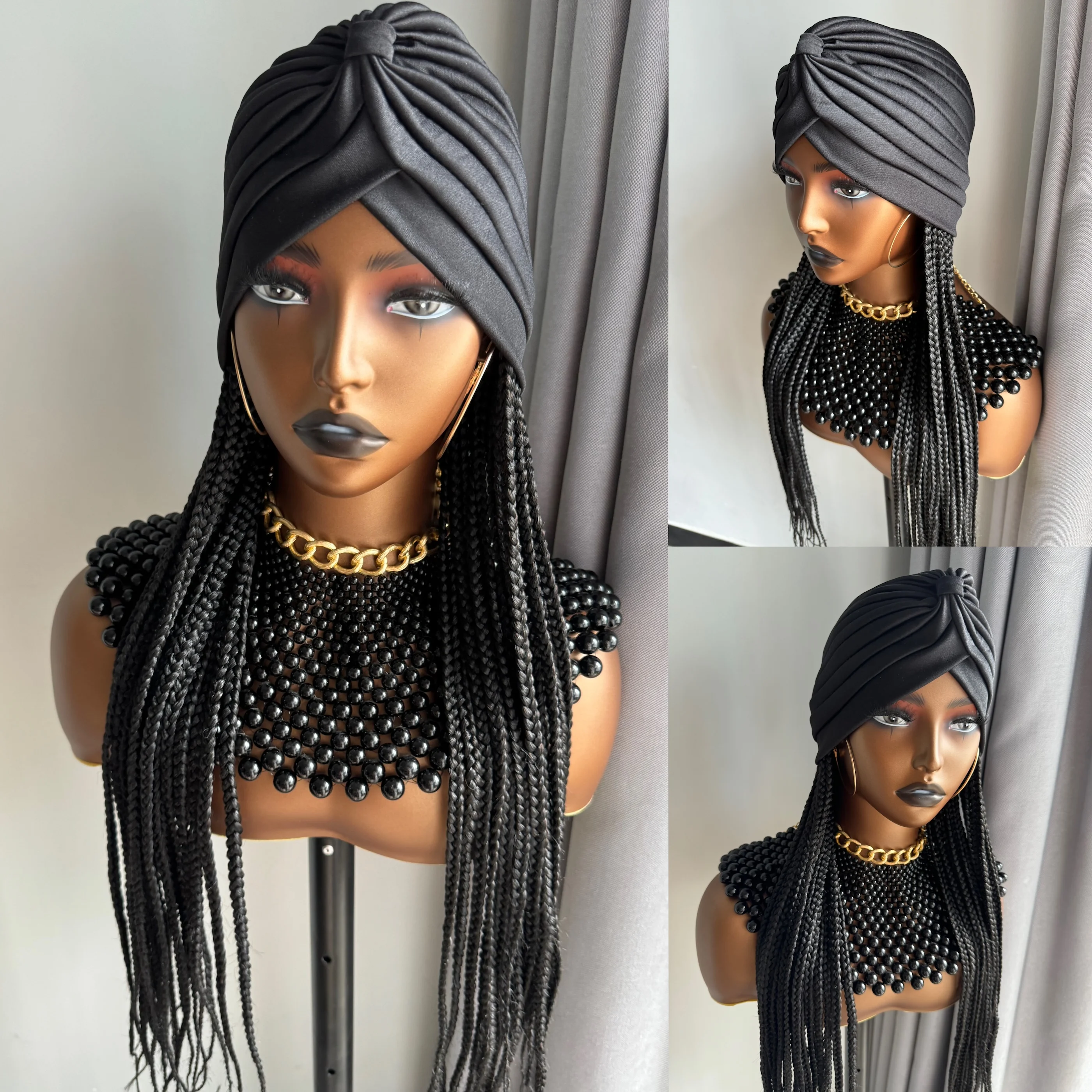 

24 Inch Long Black Box Braided Synthetic Headband Wig With Black Braiding Hair Turban Extensions Hairstyle Wigs For Women