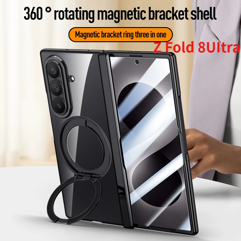 For Samsung Galaxy Z Fold 8 electroplated stand phone case 360 rotating magnetic ring stand with tempered glass screen protector