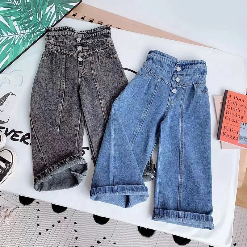 New Spring Autumn Girls Wide Leg Pants Flower Bud Elastic Waist Childrens Loose Casual Jeans Kids Straight Trousers