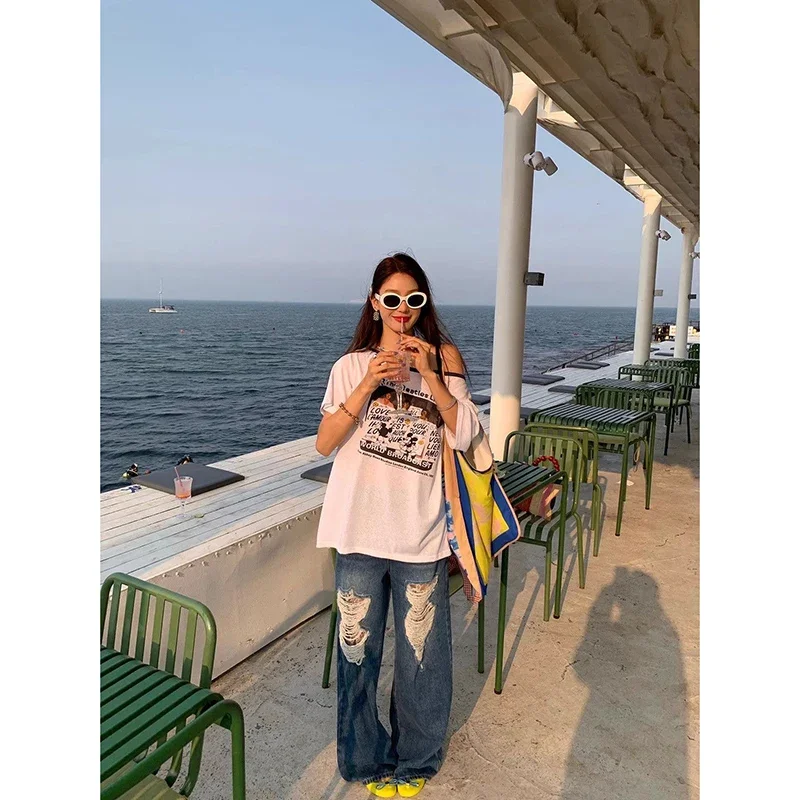 Vintage Azzurro Y2k Baggy Jeans strappati Donna Harajuku Anni '90 Pantaloni in denim oversize Streetwear Pantaloni retrò americani anni 2000