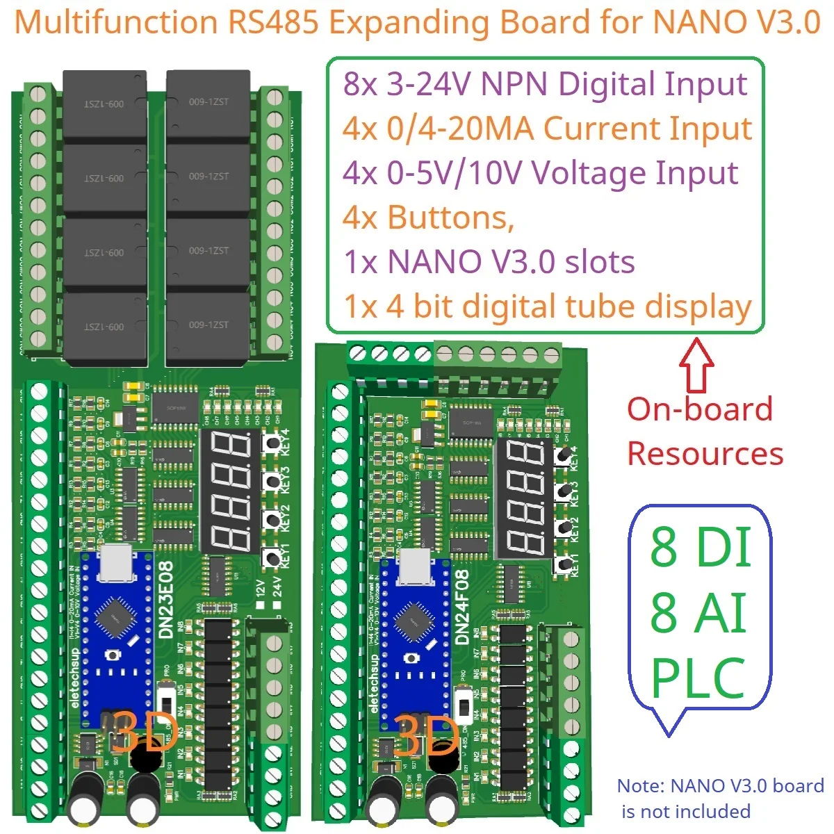 Multifunction IO Expanding Module 8AI-8DI-8DO for ARDUINO NANO V3.0 RS485 Modbus RTU Open PLC LED Current Voltage Sensor