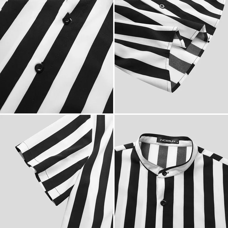 Summer New Mens Black White Vintage Striped Shirts Fashion Casual Stand Collar 90% Cotton Short Sleeve Shirt For Men Oversized