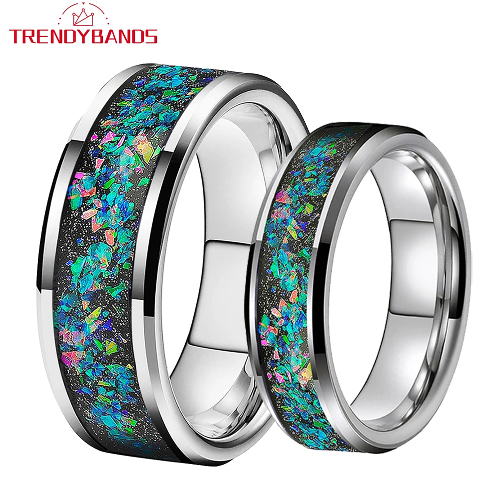 

8mm Tungsten Carbide Fashion Rings for Men Women Wedding Band Opal Inlay Beveled Edges Polished Shiny Comfort Fit