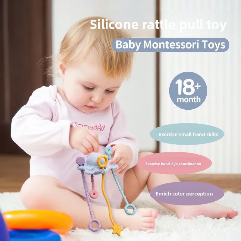 

Baby Early Learning Educational Toy Rattle Finger Pull Toy Food-Grade Silicone Push-Pull Teether Perfect Gift for Children