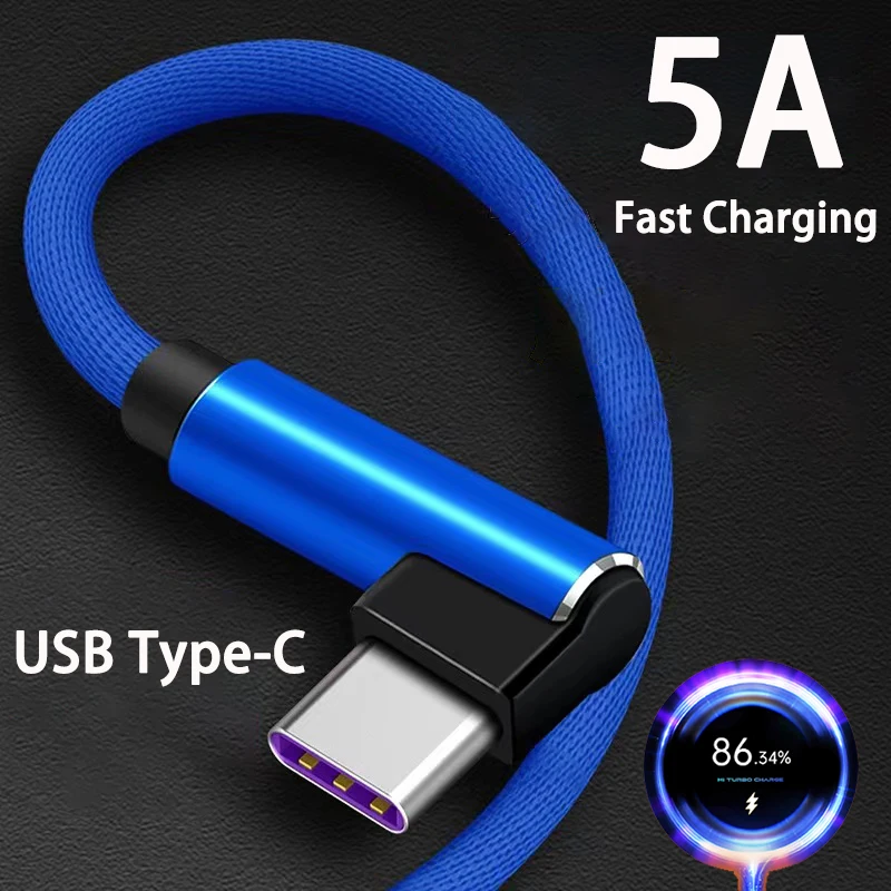 5A Fast Charging Type C Cable 90 Degrees Elbow Cable USB C Cable for Game for Samsung Xiaomi Redmi Honor Phone Charger Usb Cable