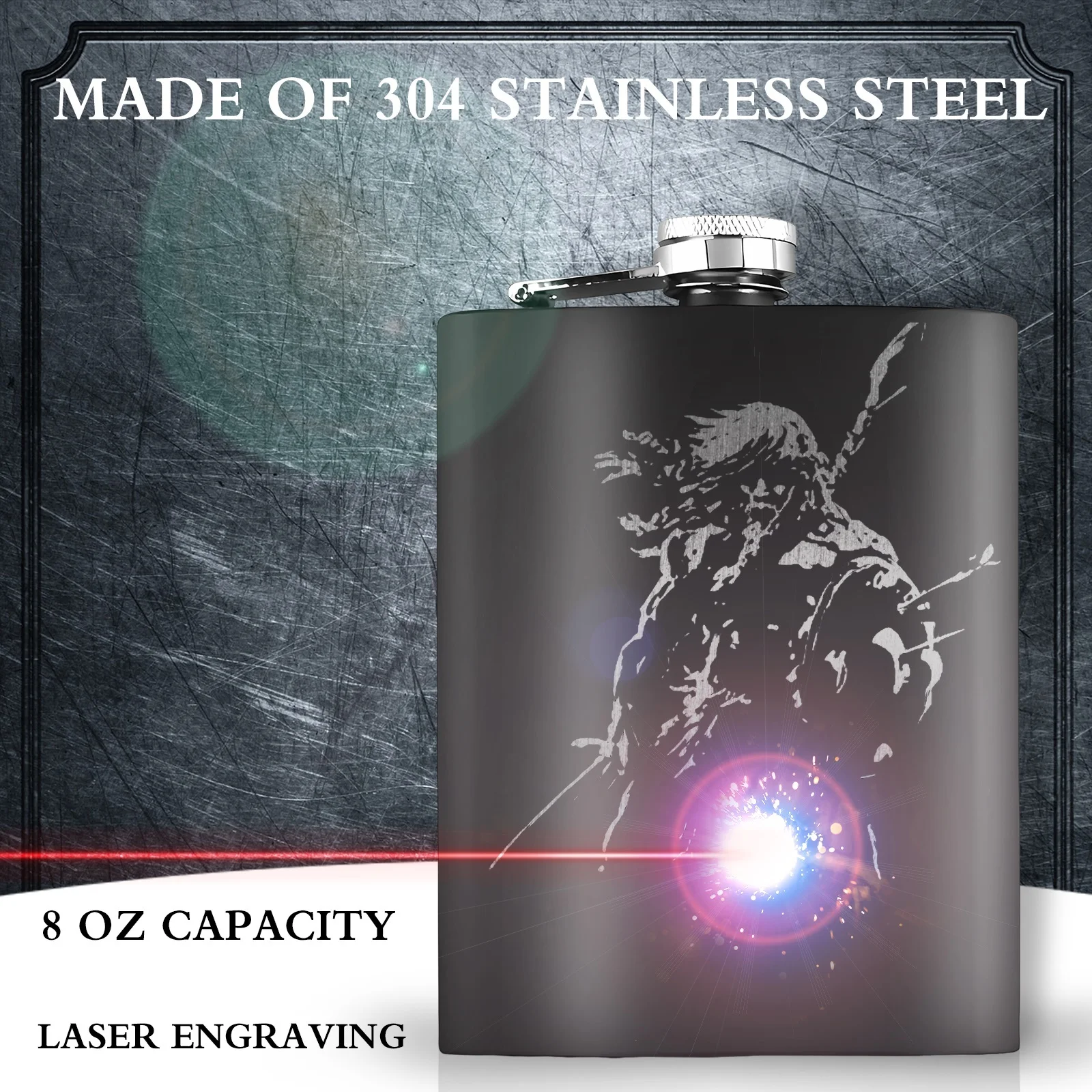 8 Oz Hip Flask for Men 304 Stainless Steel Pocket Flask Personalized Laser Engraved Matte Black Kidney Flask with Leak Proof Cap