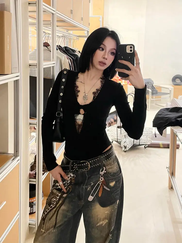 Yedinas Gothic Black Hollow Out Bodysuits Rompers Women Jumpsuits Fashion Solid Lace Long Sleeve Sexy Sheath Skinny Y2k T Shirt