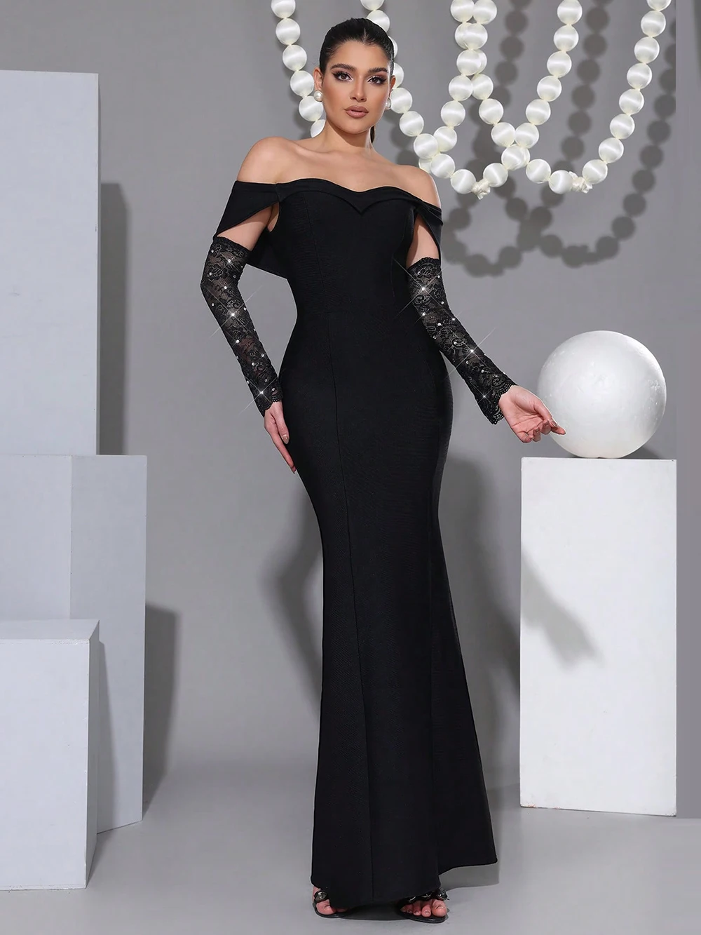 Robe Maxi à bandes noire élégante avec manches en dentelle, épaules dénudées, diamant, robes d'occasion formelles pour soirée de mariage