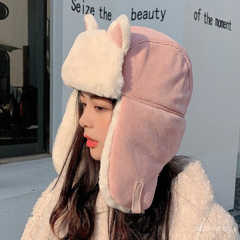 Ushanka Korean-style cute cat ears winter autumn cold-proof cotton warm winter hat cotton bottoming shirt for women cycling