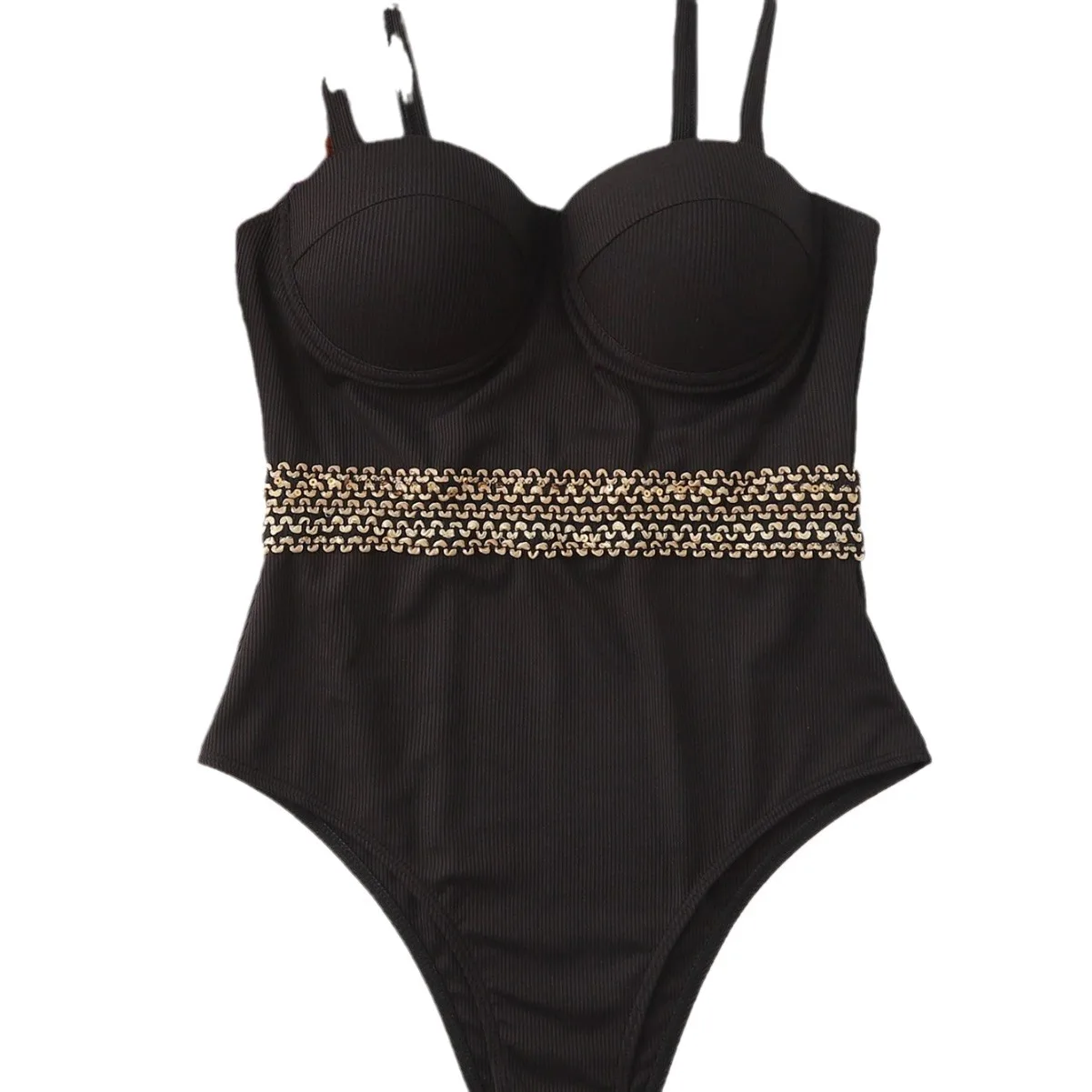 Sólido preto push up roupa de banho mulher 2025 uma peça sexy maiô verão controle barriga maiô praia cinto ouro natação wear