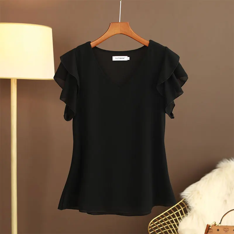

Women Short Sleeve V-Neck Chiffon Tops Loose Fitting Tshirt Elegant Clothes All-match Casual Simplicity Office Lady Fashion Summ