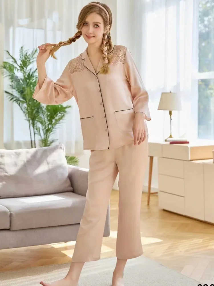 

100% Mulberry Silk 2 Piece Sleepwear Pjs Natural Silk Lace Women Lapel Cardigan Lounge Sets Long-Sleeved Pajamas Casual Set