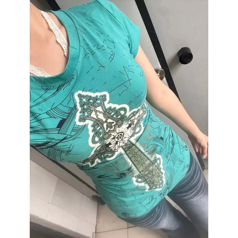 

Japanese Vintage Subculture Cross Print T-shirts Women's Slim-fit Punk Retro Short Sleeve Tees New Y2K Harajuku American Tops