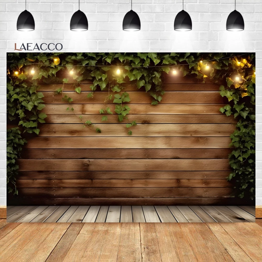 Laeacco Rustic Wood Green Leaves Backdrop Vintage Spring Green Grass Wooden Board Bridal Shower Portrait Photography Background