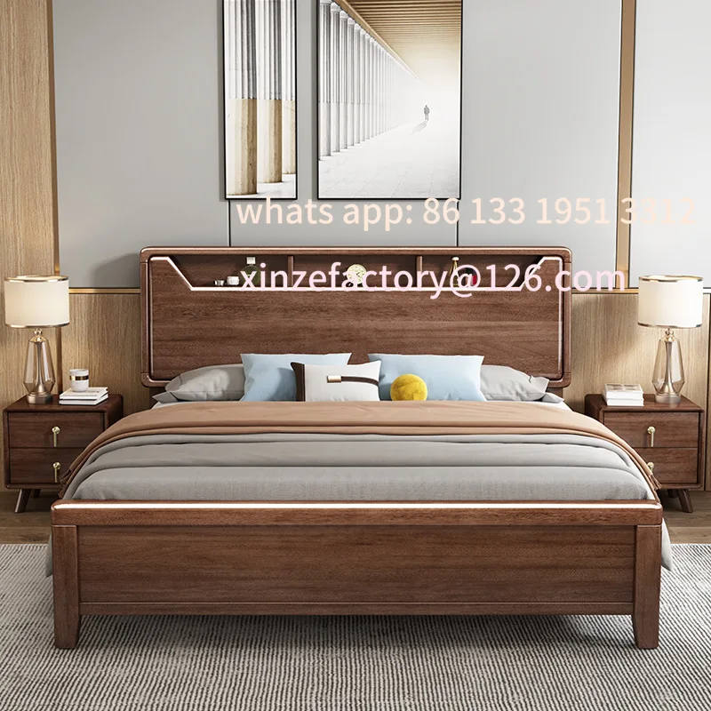 

Customizable walnut solid wood bed 1.8 meters double 1.5m single simple modern master bedroom 2.2 meters high box storage bed