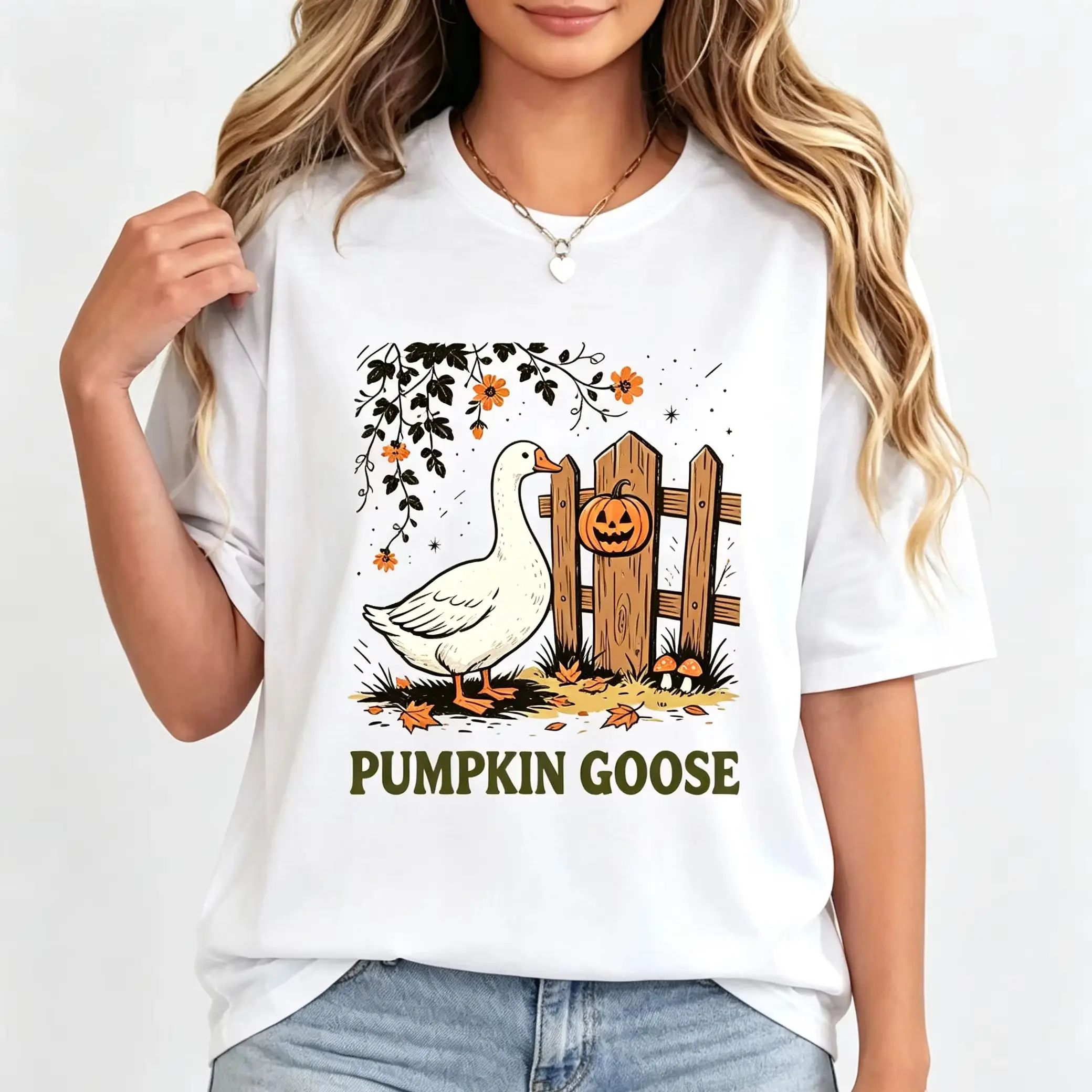 Pumpkin Goose Autumn Farm Fence Mushroom Floral Graphic T Shirt Cottagecore Halloween Fall Print Short Sleeve Tee