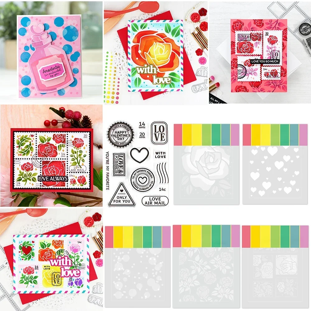 Valentine's Day Postage Collage Love Element Plastic Stencils Rose Flower Pattern Paint Plate For DIY Scrapbooking Card Making