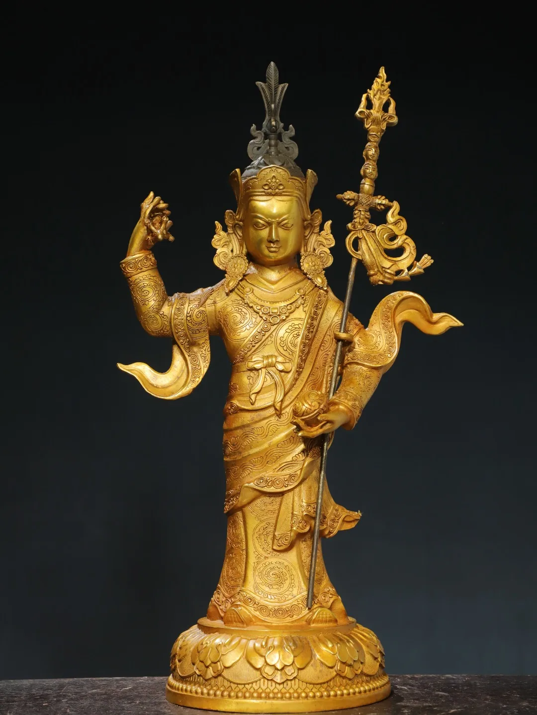 

18"Old China Collections Old Bronze Cinnabar Gilding Guru Rinpoche Padmasambhava Standing Buddha Worship Hall Town house