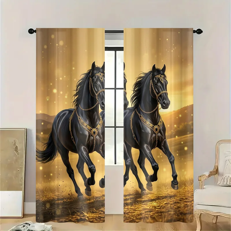 Beautiful Horse Gallop Sunset Curtains Semi-Sheer Window Drapes Living Room Bedroom Decor Rustic Style Golden Light Equestrian W