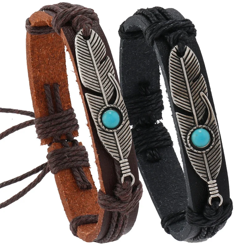 Punk Vintage Geometric Feather Turquoise Stone Bead Leather Bracelets Hand Woven Adjustable Pull Cord Leather Bracelet Jewelry