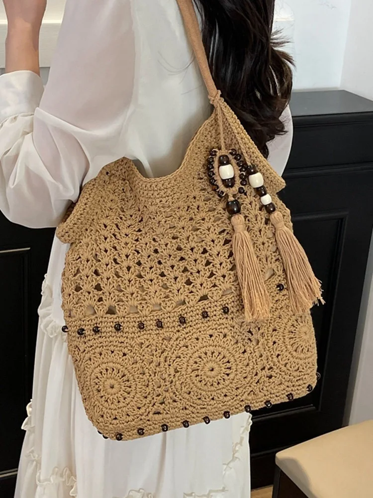 

Women's Ins Style Pastoral Handmade Cotton Woven Bag, Beach Vacation Shoulder Underarm Tote Bag, Casual Beach Bag