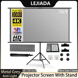 LEJIADA-Tela para projetor com suporte, metal cinza anti-leve, suporte de tela reflexiva para home theater e exterior, 60 polegadas, 84 polegadas, 100 polegadas, 120 polegadas