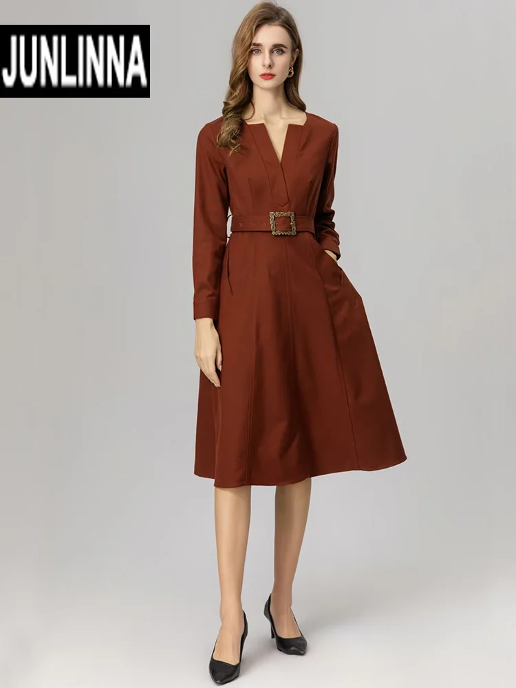

JUNLINNA Fashion Elegant Women Runway Dress Spring Autumn V Neck Long Sleeve Solid Colour High Street Vestidos Knee Length Lady