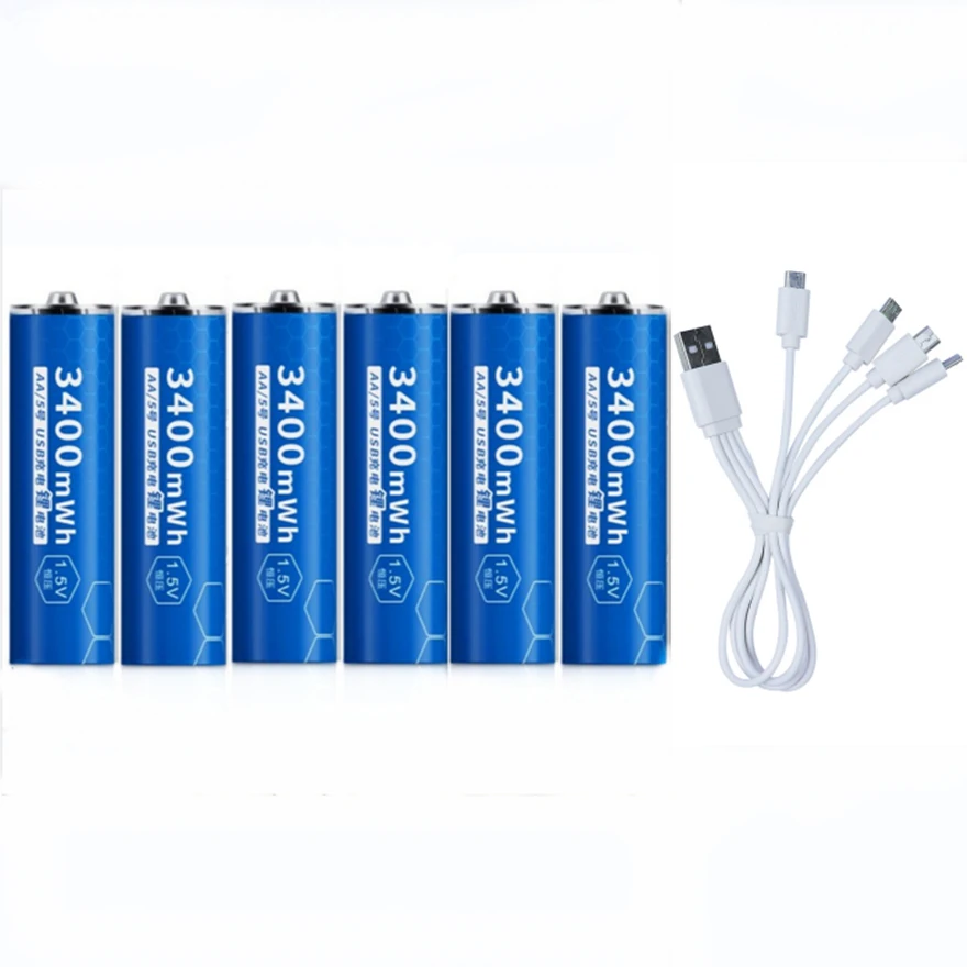 

6 шт. Новая 1,5 V 3400mWh AA Аккумуляторная батарея USB перезаряжаемая литиевая батарея с кабелем Micro USB для быстрой зарядки