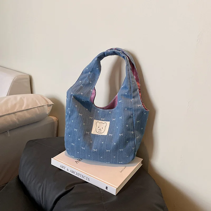 

2025 Denim Bow Print Large Capacity Sleeveless Tote Bag for Students Book Carry Handheld Shoulder Bag Big Shopping Bag