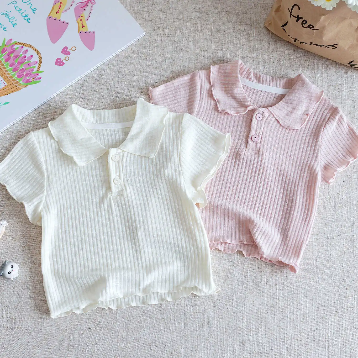 Mädchen Kurzarm-T-Shirt, Sommer Koreanischer Stil Süßer Puppenkragen-Oberteil für Junge Mädchen, Modische Grundschicht für Kleinkinder – Detail 1