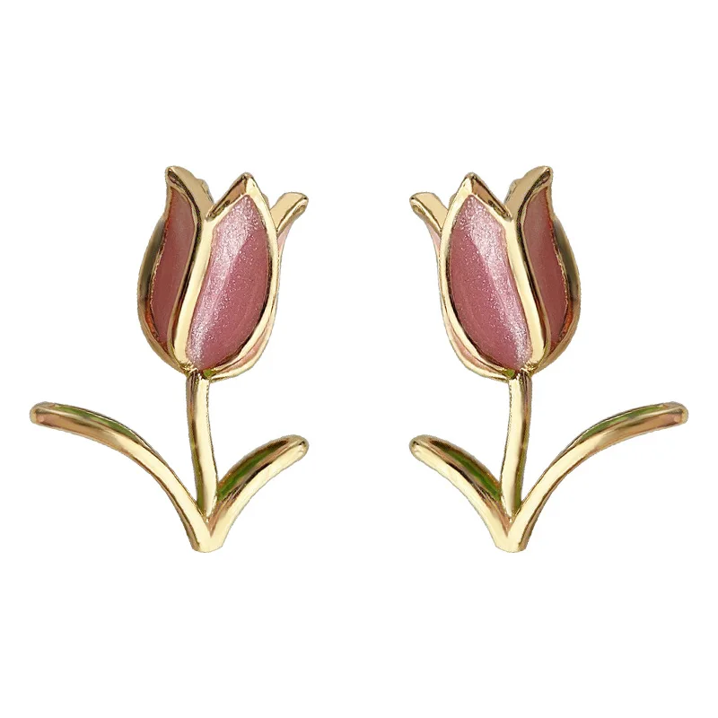 2 Pcs Fresh Sweet Tulip Flower Y2K Creative Luxury Enamel Drip Oil Copper Multicolour Stud Earrings Women Daily Party Gift