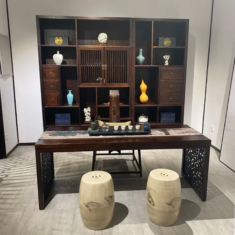 طاولة شاي صينية جديدة وكرسي مجموعة طاولة شاي من الخشب الصلب Zen، طاولة فنية بسيطة للشاي، جوز أسود منزلي