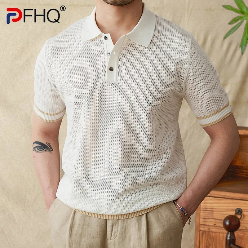 

PFHQ Men Shirt Summer Breathable Hollow Out Casual Short Sleeve 2024 Solid Color Korea Fashion Male Tops Loose 21Z5712