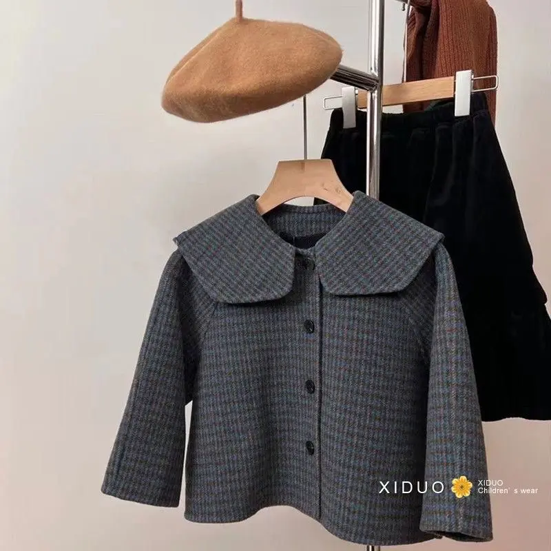 

Girls' plaid autumn and winter woolen coat 2025 new style lapel casual short style navy collar stylish coat