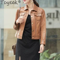 Tcyeek 100% Real Leather Jacket Oil-Wax Sheepskin Women's Motorcycle Leather Jacket Autumn Short Trendy Coats Veste Cuir Femme