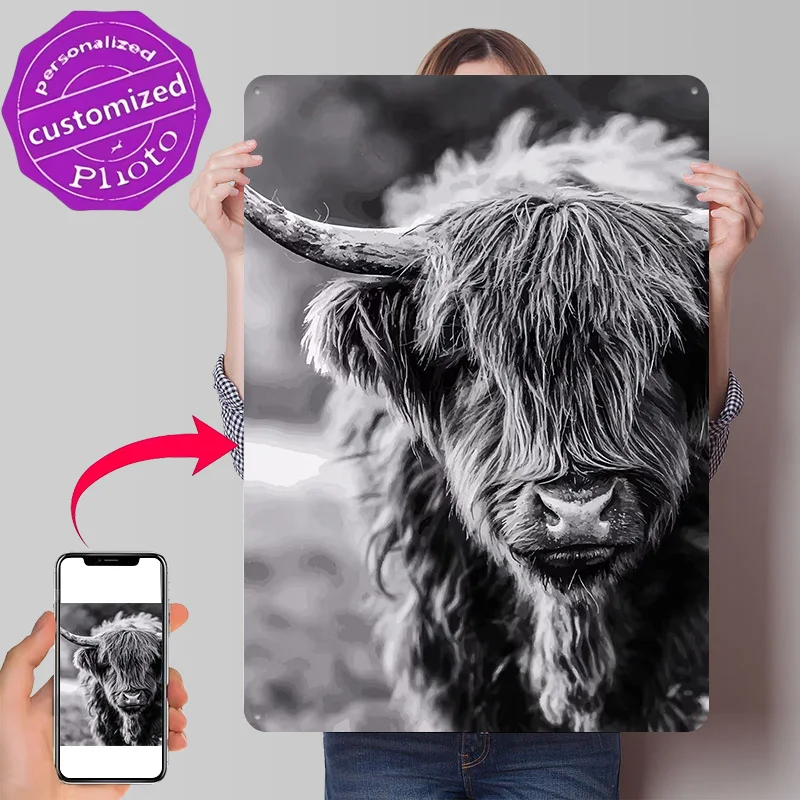Scottish Highland Cattle Personalized 3D Textured Metal Poster Wall Art Vintage Tin Signs for Room Decorating Interior Wand Deko