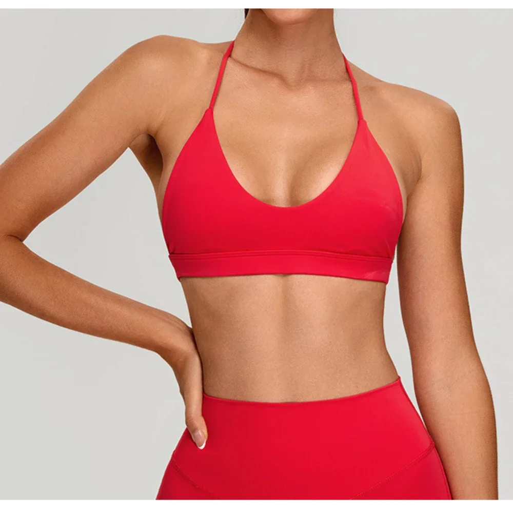 

Gym V Neck Sports Bra Women's Halter Y Shape Spaghetti Straps Sexy Sports Bra Simple Yoga Fitness Wear with Breast Pads