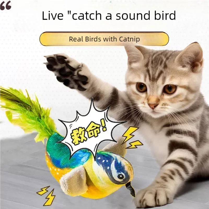 Simuliertes Vogelgeräusch, interaktives Katzenspielzeug, Selbstspiel, Langeweile-Linderung, kaubeständig, hängender Federstab für Kätzchen und Hauskatzen