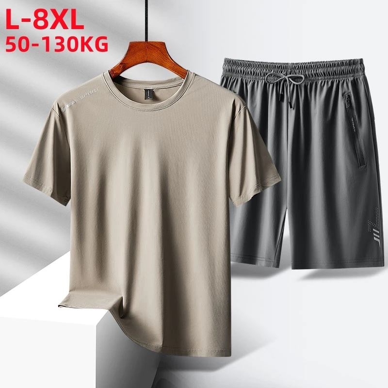 

2024 Summer 2pcs Tracksuits Man Plus Size 8xl 7xl Men's Set Short Sleeve T-Shirt Shorts Sportswear Brand Oversize Sporting Suit